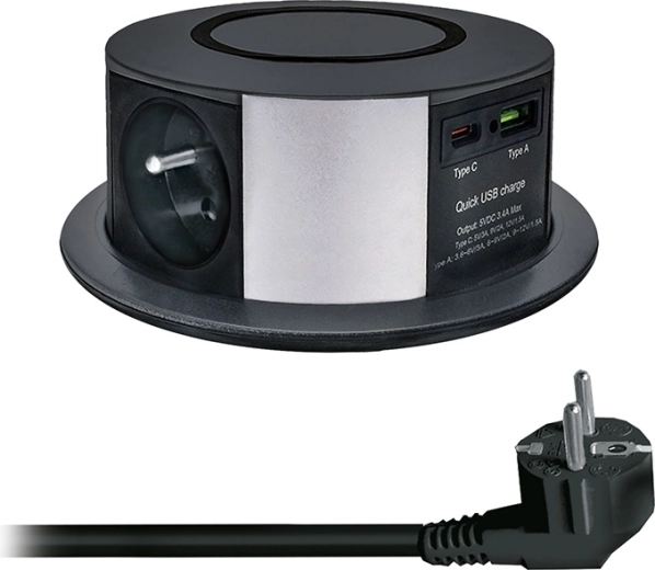 Solight ανασυρόμενη μονάδα πριζών με 3 πρίζες, USB-A/USB-C PD 20 W και ασύρματη φόρτιση Qi 10 W, 2 m, μαύρη