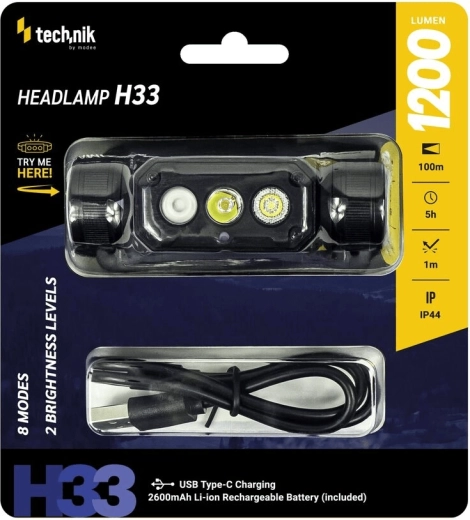 Φακός κεφαλής Technik H33 με LED SST20 και USB‑C (1200 lm)