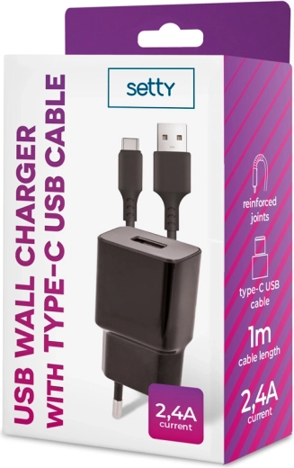 Setty φορτιστής πρίζας 1× USB 2,4 A μαύρος + καλώδιο USB‑C 1 m