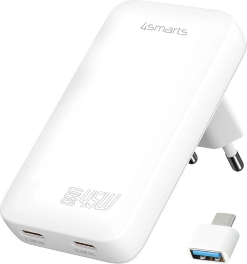 Φορτιστής πρίζας 4smarts FlatPlug Dual 45 W GaN, 2× USB‑C, λευκός