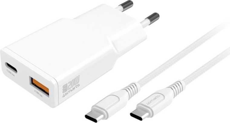 Φορτιστής τοίχου GaN 20 W με USB‑C και USB‑A + καλώδιο USB‑C 1,5 m λευκός