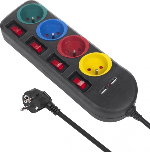Πολύπριζο με διακόπτες 4 πρίζες + 2xUSB μαύρο