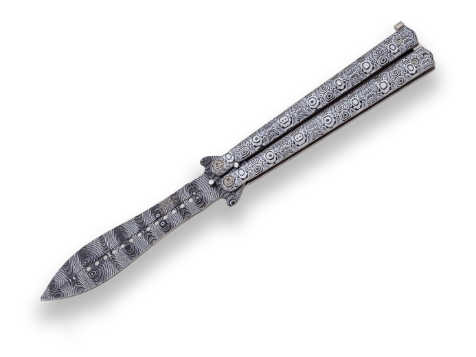 Joker Butterfly πτυσσόμενο μαχαίρι τύπου «πεταλούδα» (balisong) 11 cm με αλουμινένια λαβή και μοτίβο Δαμασκού
