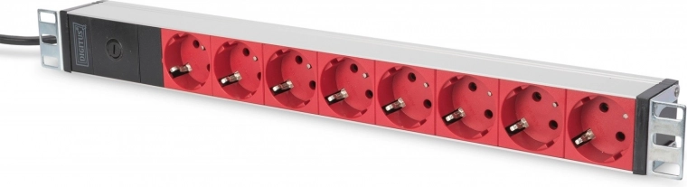 Πολύπριζο τροφοδοσίας για rack 19″ DIGITUS, 8× κόκκινες πρίζες schuko, είσοδος C14, καλώδιο 2 m, 10 A, αλουμίνιο