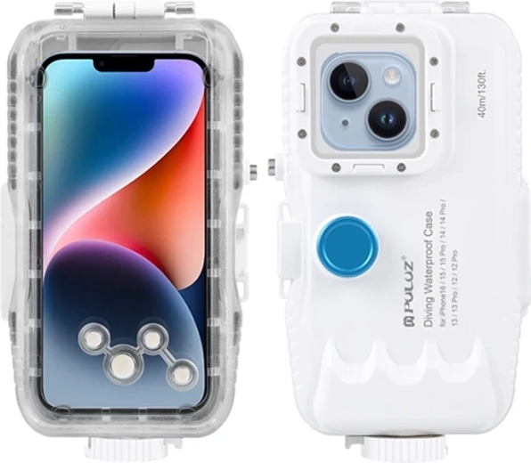 Αδιάβροχη καταδυτική θήκη PULUZ για iPhone έως 40 m με μονόδρομη βαλβίδα, λευκή
