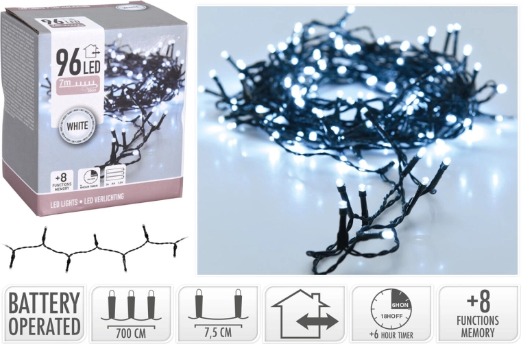 Χριστουγεννιάτικος LED φωτισμός 7 m, 96 LED, ψυχρό λευκό, 8 λειτουργίες, με χρονοδιακόπτη