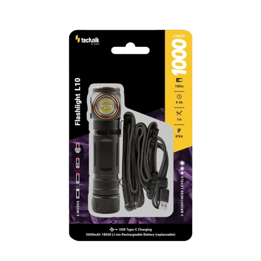 Φακός Technik L10 με USB‑C, 1000 lm, μαγνητικός, ιμάντας κεφαλής