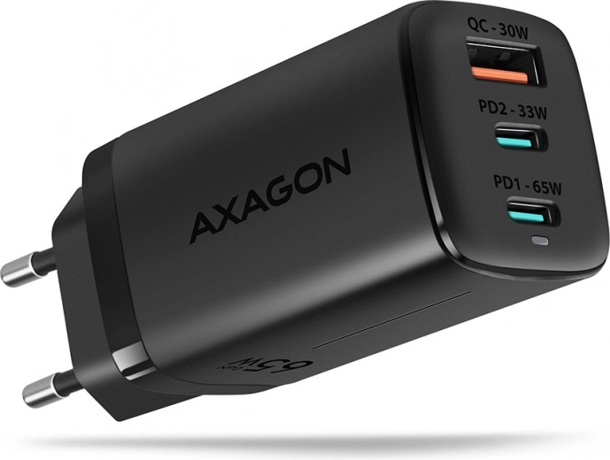 Φορτιστής τοίχου AXAGON GaN 65W, 3 θύρες (USB-A + 2× USB-C), PD 3.0/QC 4+, PPS, μαύρος