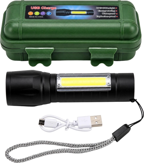 Τακτικός φακός LED COB με φόρτιση USB, zoom και θήκη