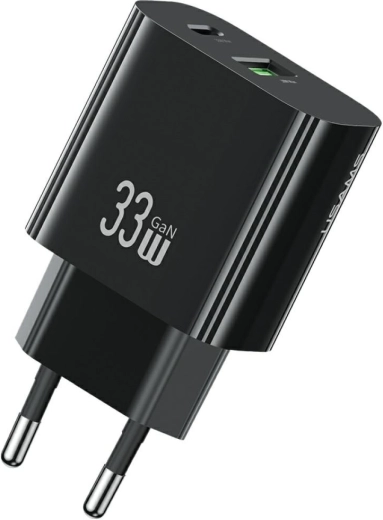 USAMS T65 33W GaN ταχυφορτιστής πρίζας με USB-C και USB-A (μαύρο)