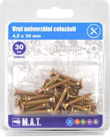 Καθολικές βίδες πλήρους σπειρώματος 4,5 × 30 mm, γαλβανισμένες, 30 τεμ.