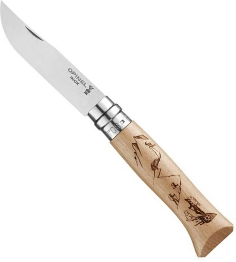 Opinel N°8 πτυσσόμενο μαχαίρι τσέπης με λαβή από οξιά, μοτίβο ορειβασίας, 8,5 cm