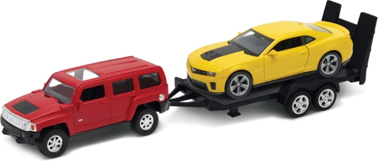 Welly σετ οχημάτων ρυμούλκησης Hummer H3 με τρέιλερ και Chevrolet Camaro ZL1 1:34