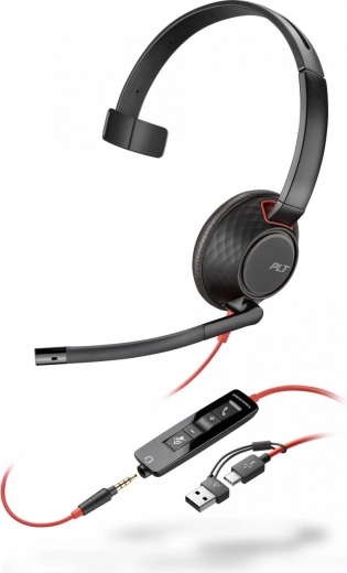 Μονόπλευρο headset POLY Blackwire 5210 USB‑C με υποδοχή 3,5 mm jack και αντάπτορα USB‑C/USB‑A