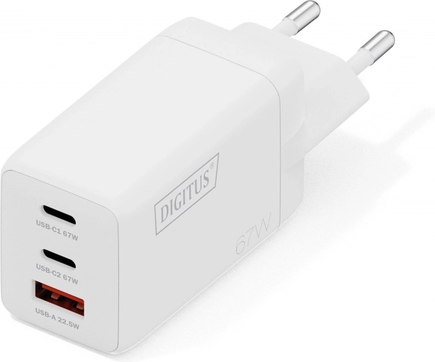Φορτιστής πρίζας USB GaN 67 W, 2× USB‑C και 1× USB‑A, λευκός