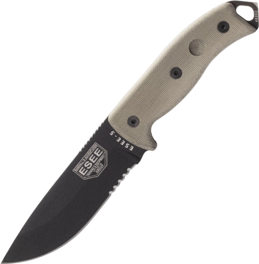 ESEE 5 με μερικώς οδοντωτή κόψη, μαύρη λεπίδα, λαβή micarta, θήκη Kydex
