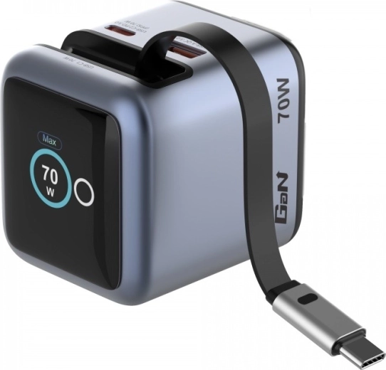 Verbatim mini φορτιστής GaN 70 W με αναδιπλούμενο καλώδιο USB‑C και οθόνη