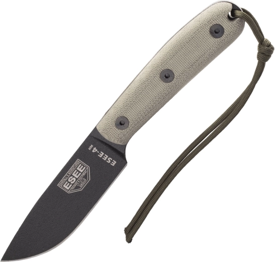 Μαχαίρι επιβίωσης ESEE 4HM με λεπίδα 11 cm, μαύρη επίστρωση, ελαιοπράσινη Micarta, δερμάτινη θήκη
