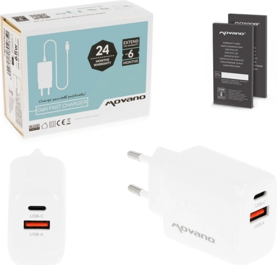 Movano GaN φορτιστής τοίχου 20 W USB-C PD + USB-A λευκός