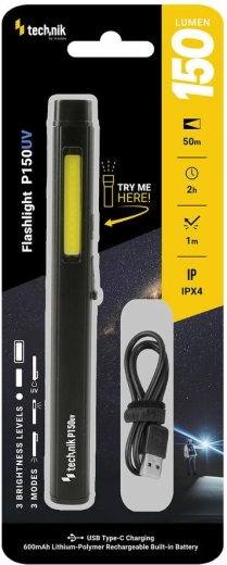 Επαναφορτιζόμενος φακός με UV φως 150 lm TECHNIK