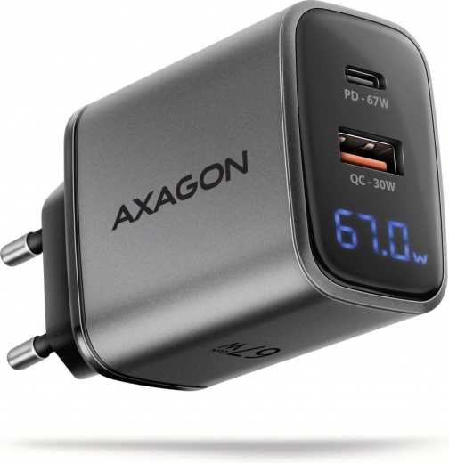 Φορτιστής πρίζας AXAGON GaN 67 W με USB‑C PD και USB‑A QC, οθόνη LED