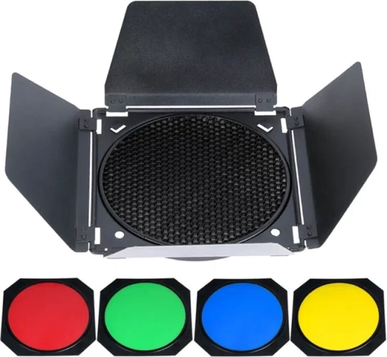 Godox BD-04 σετ θυρών barn, κηρηθροειδούς γρίλιας και έγχρωμων φίλτρων για ανακλαστήρα 7"
