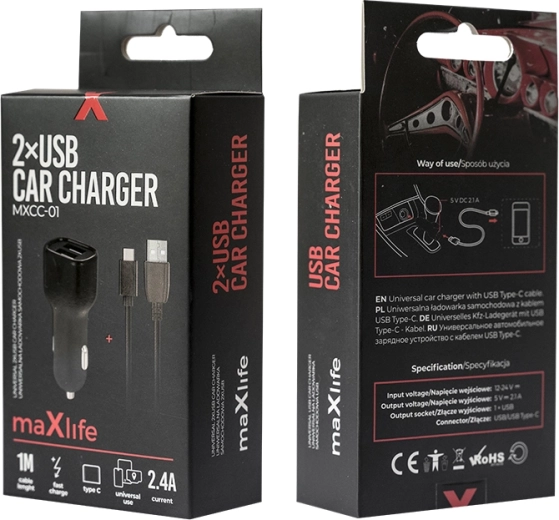 Φορτιστής αυτοκινήτου MAXLIFE 2× USB + USB‑C 2,4 A, μαύρος