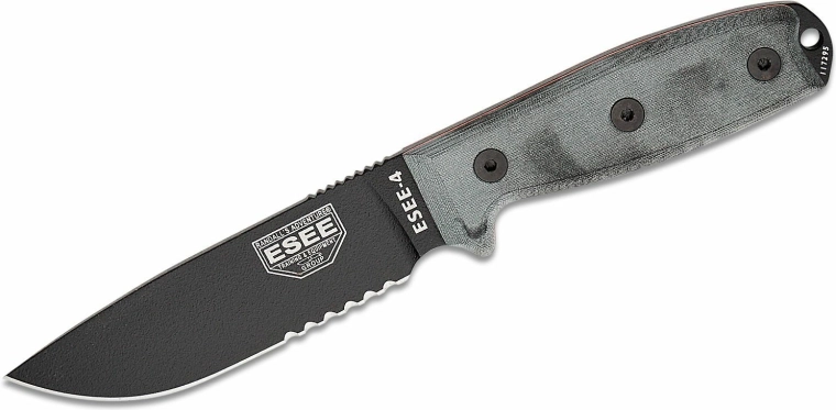 Μαχαίρι ESEE 4S με μερική οδόντωση, 11,4 cm, μαύρο/γκρι, Micarta, θήκη MOLLE