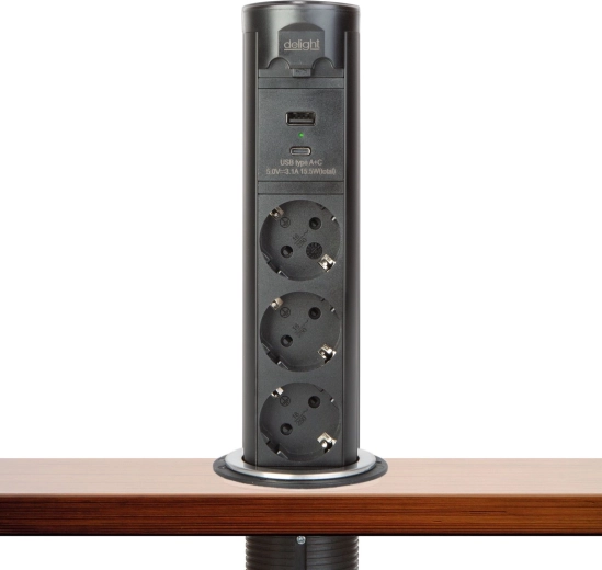 Μηχανοκίνητη αναδιπλούμενη εντοιχιζόμενη πολύπριζη Touchcontrol με 3 πρίζες, USB-A και USB-C, μαύρη