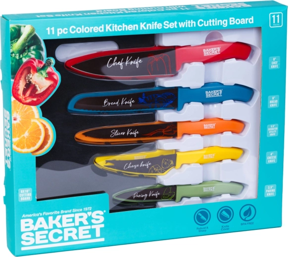 Baker's Secret σετ 11 τεμαχίων πολύχρωμων μαχαιριών κουζίνας με επιφάνεια κοπής
