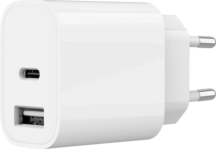 Καθολικός φορτιστής πρίζας USB με 2 θύρες (USB‑A + USB‑C) 2,4 A, λευκός