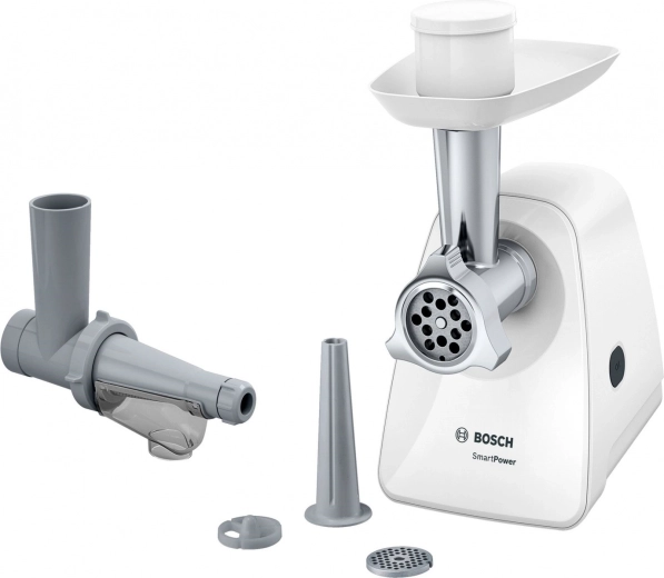 Ηλεκτρικός μύλος κρέατος Bosch MFW2515W, συμπαγής 1500 W με εξαρτήματα για λουκάνικα και πολτό