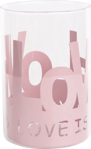 Γυάλινο κηροπήγιο Love σε ροζ μεταλλικό κάλυμμα