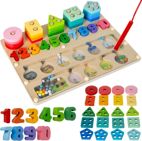 Ξύλινος Montessori ταξινομητής 3σε1 Kruzzel (μαγνητικός λαβύρινθος, σχήματα και αριθμοί) 30 × 22,5 cm