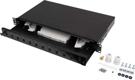 Οπτικό patch panel 19'' 1U, 12× SC simplex / 12× LC duplex, συρόμενο, μαύρο + αξεσουάρ