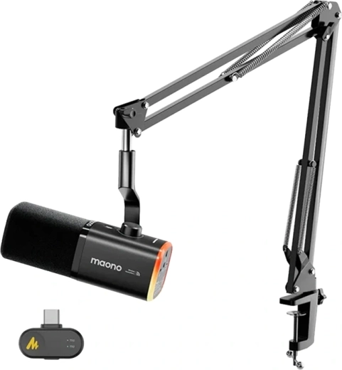 Maono PD100WS ασύρματο και USB δυναμικό μικρόφωνο με AI μείωση θορύβου και RGB (μαύρο)