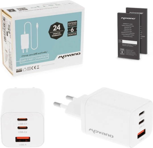 Movano φορτιστής GaN 65 W, 2× USB-C PD + USB-A λευκός