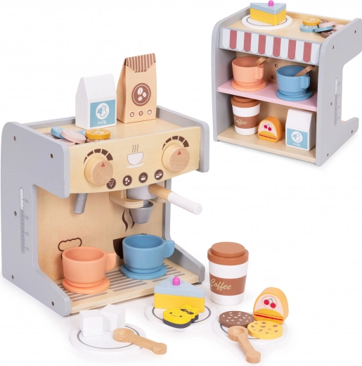 Ξύλινη καφετιέρα για παιδιά 2σε1 με καφετέρια και 26 αξεσουάρ ECOTOYS