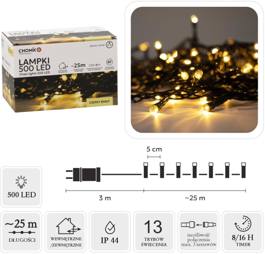 Χριστουγεννιάτικη αλυσίδα LED 500 φώτα, θερμό λευκό, 25 m για εσωτερικό και εξωτερικό χώρο
