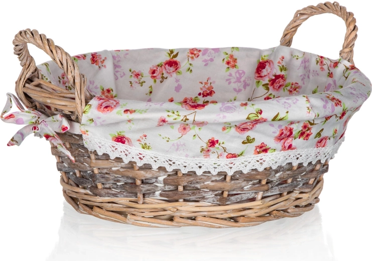 Στρογγυλό ψάθινο καλαθάκι με ύφασμα ROSES 30 × 12 cm με λαβές