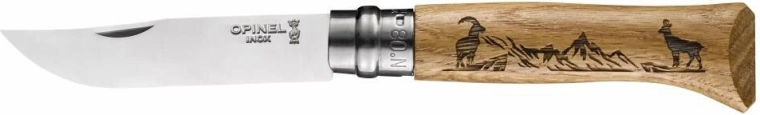 Opinel N°08 Inox Animalia πτυσσόμενο μαχαίρι τσέπης 8,5 cm, ξύλο δρυός, μοτίβο αγριόγιδου