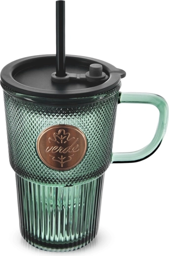 Γυάλινη κούπα με καπάκι και καλαμάκι VERDE 450 ml