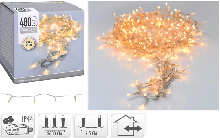 Χριστουγεννιάτικη αλυσίδα LED 36 m, 480 LED, θερμό λευκό, διάφανο καλώδιο, IP44