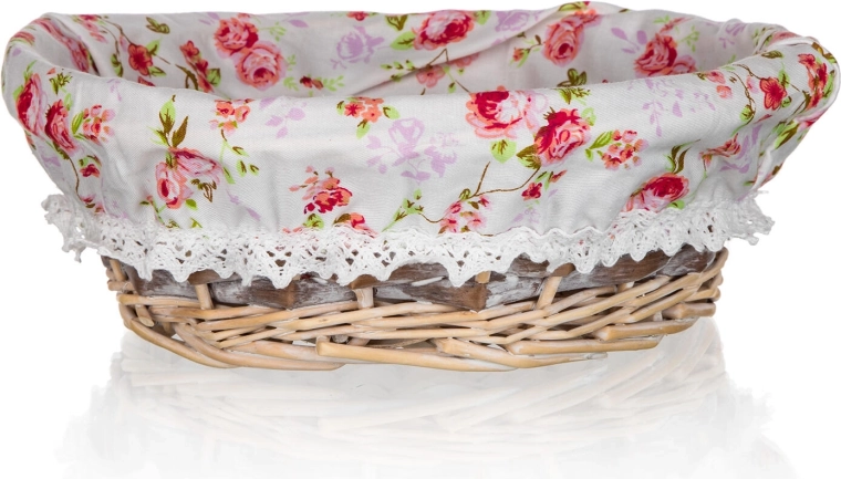 Ψάθινο στρογγυλό καλαθάκι Roses 25 × 9 cm με βαμβακερή επένδυση