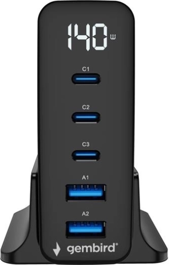 Καθολικός φορτιστής GaN 140 W με LCD, 3× USB‑C και 2× USB‑A, μαύρος