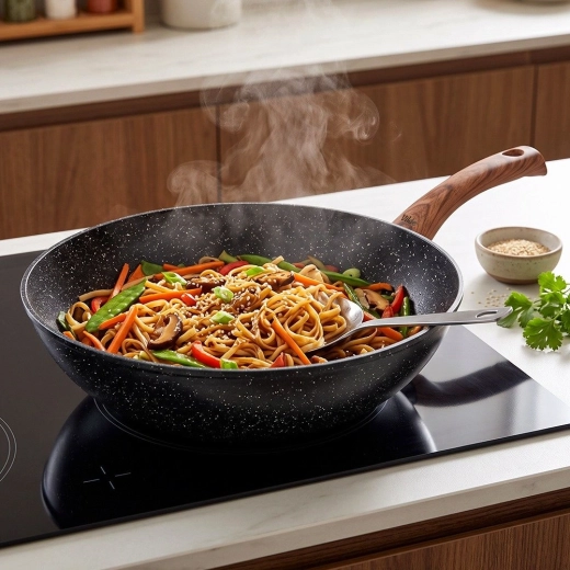 Βαθύ σχήμα wok για ασιατικά πιάτα, νουντλς και σιγόβρασμα