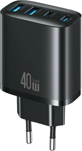 Φορτιστής πρίζας USAMS T70 40 W, 2× USB-A + 2× USB-C, μαύρος