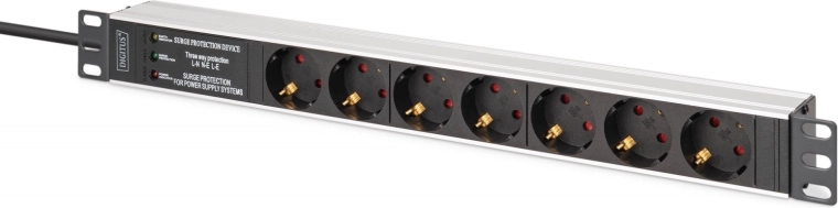Λωρίδα PDU για rack 19" με προστασία υπέρτασης και φίλτρο EMI/RFI, 7 πρίζες Schuko, καλώδιο 2 m, φις CEE 7/7, 16 A