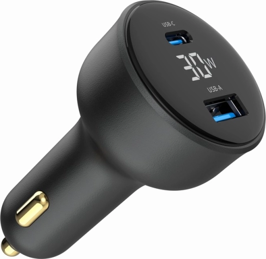 Ταχυφορτιστής αυτοκινήτου 30 W με LCD, USB‑C PD και 2× USB‑A, μαύρος