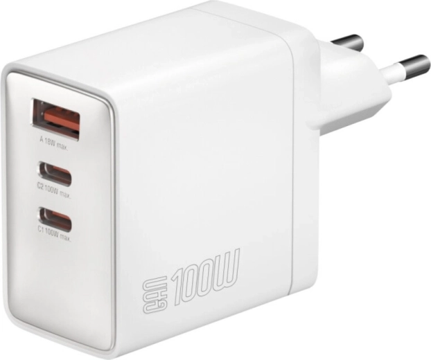 Επιτοίχιος φορτιστής Pocket 100W GaN, 2× USB‑C + USB‑A, λευκός